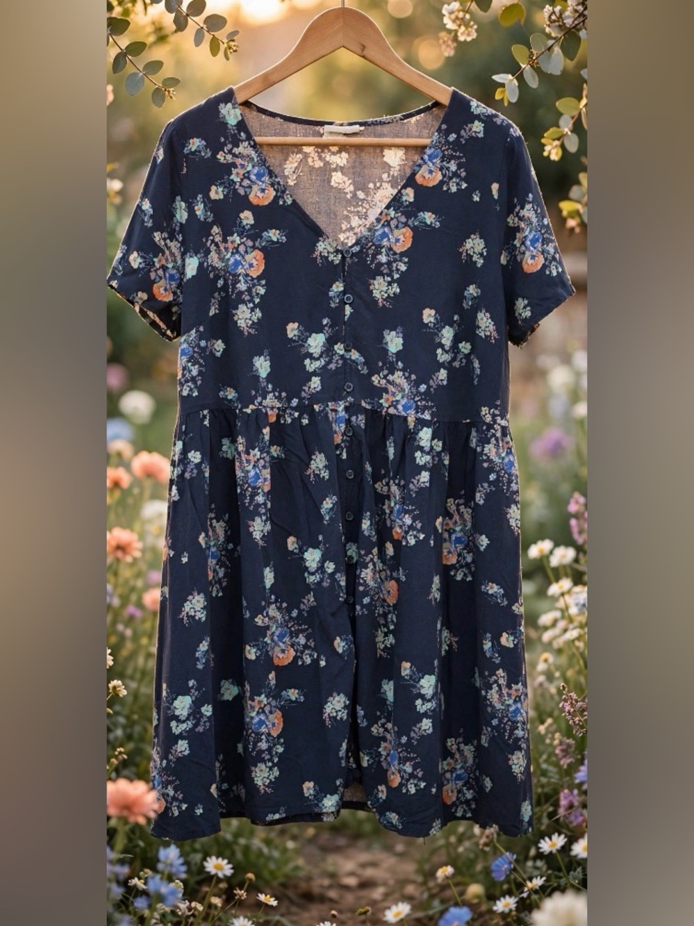 a.n.a Navy and Light Blue Floral Dress